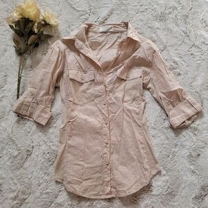 LoveTree 100% Cotton Half Sleeve Khaki Beige Button Up Ribbed Side Blouse S
